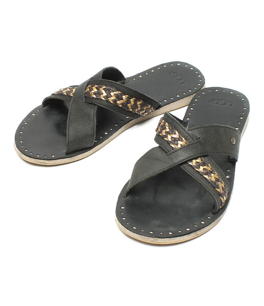 Ω 美品 希少■ アグ オーストラリア ■ UGG ■ LEXIA 編み込み レザー素材・ レキシア レザークロス サンダル ■ 黒 ゴールド■ 送料無料