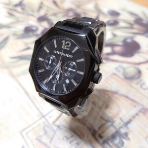 【美品】CITIZEN シチズン Independent インディペンデント クロノグラフ デイト 黒文字盤 クォーツ 3針 メンズ 腕時計 