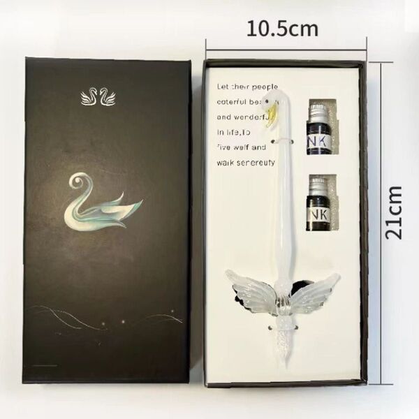 ガラスペン 万年筆 白鳥 クリスタルガラスペン インク2色付き インクペン インク 金粉入り
