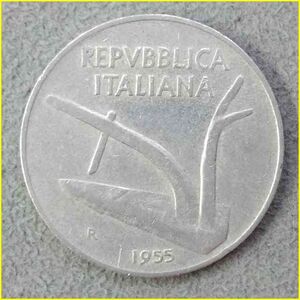 【イタリア 10リラ 硬貨/1955年】 L.10/リレ/アルミ貨/旧硬貨/伊/古銭/ITALIANA