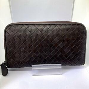 美品/箱有り●BOTTEGA VENETA ボッテガヴェネタ メンズ ビジネス 長財布 ラウンドファスナー イントレチャート 本革 レザー ブラウン 茶色