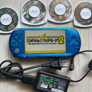 動作品PSP3000本体充電アダプターバッテリーパックメモリースティックソフト付ブルー青 プレイステーションポータブル