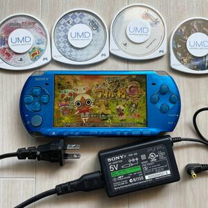 動作品PSP3000本体充電アダプターバッテリーパックメモリースティックソフト付ブルー青プレイステーションポータブル