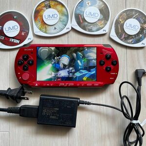 動作品PSP3000本体充電アダプターバッテリーパックメモリースティックソフト付 レッド赤プレイステーションポータブル