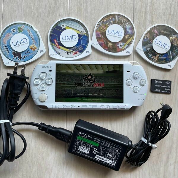 動作品PSP3000本体充電アダプターバッテリーパックメモリースティックソフト付ホワイト白プレイステーションポータブル