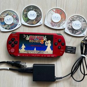 動作品PSP3000本体充電アダプターバッテリーパックメモリースティックソフト付 レッド赤プレイステーションポータブル