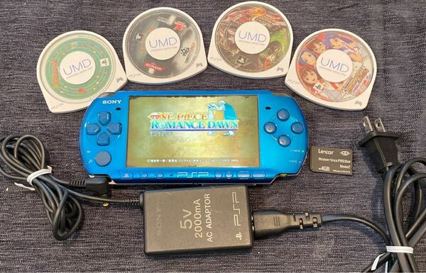 動作品PSP3000本体充電アダプターバッテリーパックメモリースティックソフト付ブルー青プレイステーションポータブル