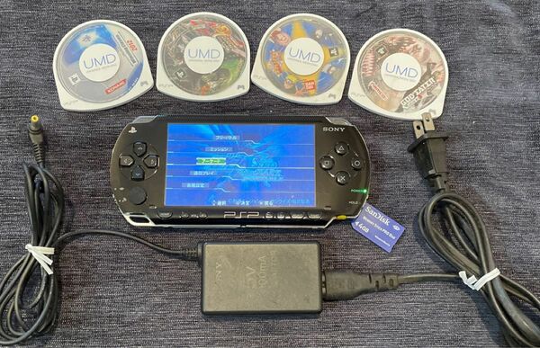 動作品PSP1000本体充電アダプターバッテリーパックメモリースティックソフト付ブラック黒 プレイステーションポータブル