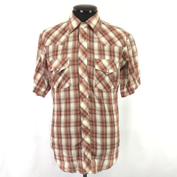 R.O.C★薄手生地/半袖ウエスタンシャツ【15 1/2・メンズM程度/赤×茶系/red×brown/チェック柄】スナップボタン/Tops/Shirts◆BH798