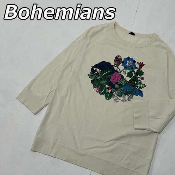 【Bohemians】ボヘミアンズ アニマル フラワー 花柄 プリント ラグラン 七分袖 クルーネック Tシャツ 像 キリン ベージュ