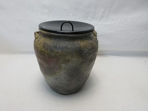 J04362 【 美品 茶道具 備前焼 水指 塗蓋 箱無 】 検) 煎茶道具 水屋道具 茶懐石 お点前 水差し 茶会 茶事 茶道 ⅱ