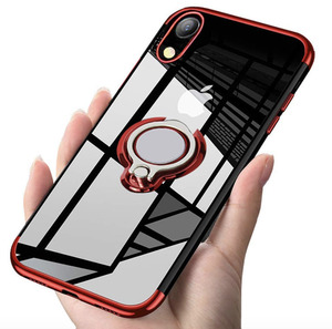 iPhone XR ケース 赤（フィルム付き） スマホリング リング付きケース 透明 クリアケース ソフト TPU マグネット式車載ホルダー対応