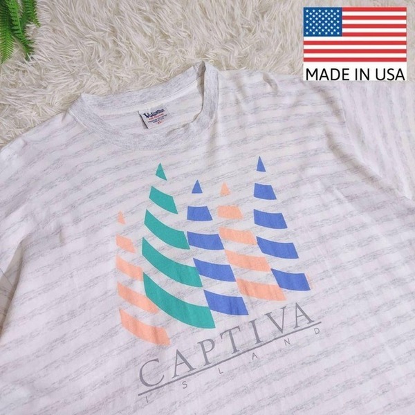 80〜90s USA製 ボーダー柄&リゾート系プリント Tシャツ シングルステッチ XL アメリカ製 パステルカラー ドロップショルダー 67693