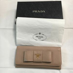 手入れ済み イタリア製 PRADA プラダ 2つ折り 長財布 シリアルナンバー12 サフィアーノ レザー ベージュ 箱付き 財布 送料一律520円