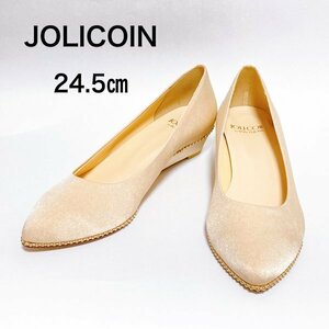 【美品】 JOLICOIN ジョリコアン ゴールド ボールライン パンプス ポインテッドトゥ ウェッジヒール ベージュ レディース 24.5㎝