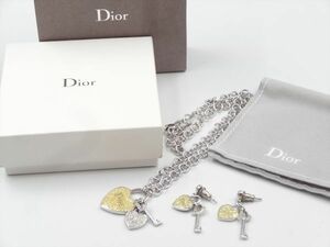 20043A Christian Dior ディオール ハートカデナ ネックレス ドロップピアス ラインストーン 美品 チェーン41.5cm