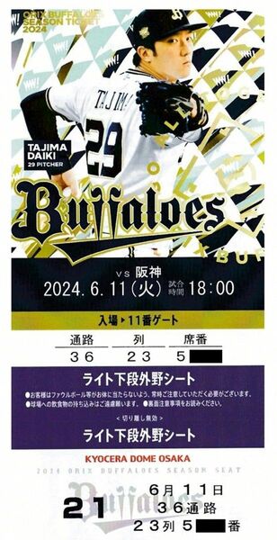 オリックスBuffaloes vs 阪神Tigers 6/11(火) ライト下段外野シート