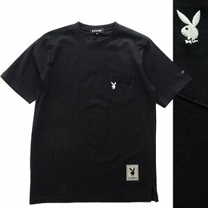 新品 プレイボーイ 春夏 刺繍 コットン 半袖 Tシャツ L 黒 【32025_99】 PLAYBOY バニー ポケT カットソー ストレッチ メンズ