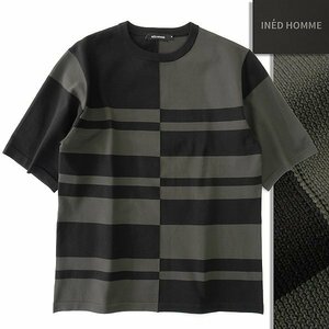 新品 イネドオム チェック柄 半袖 クルーネック ニット M カーキ 黒 【I58418】 メンズ INED HOMME 洗濯可 Tシャツ プルオーバー サマー