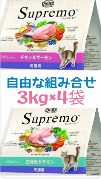 ニュートロシュプレモ　成猫用　チキン&サーモン　白身魚&チキン　３kg×４袋