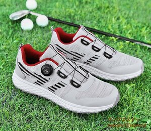 高級品 メンズ ゴルフシューズ 新品 ダイヤル式 運動靴 4E 幅広い Golf shoes スポーツシューズ フィット感 軽量 防滑 弾力性グレー 27.0cm