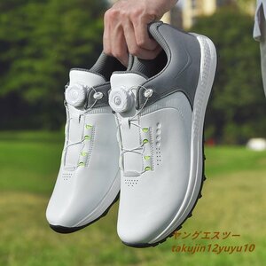 高級品 ゴルフシューズ ダイヤル式 運動靴 新品 メンズ 幅広い フィット感 軽量 スポーツシューズ 防水 防滑 耐磨 弾力性 白/灰 25.0cm