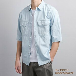 夏新品◆半袖シャツ メンズシャツ ワークシャツ 極美品 サマーシャツ 心地良し コットン100％ ヴィンテージ 個性 カジュアル ブルー 2XL