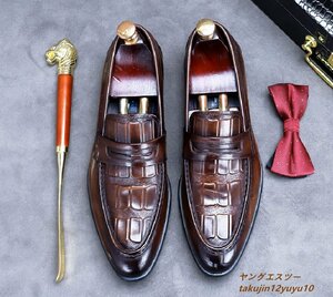 超希少★新品 ビジネスシューズ 本革 レザーシューズ 高級牛革 鰐柄 職人手作り 手塗仕上げ 彫り 紳士靴 革靴 フォーマル 珈琲色 27.0cm