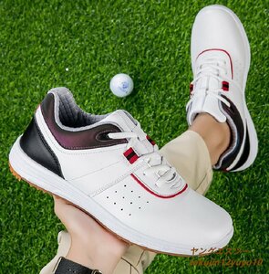 新品特売■ゴルフシューズ Golf shoes メンズ 紳士 スニーカー スポーツシューズ 運動靴 グラデーション 幅広 防滑 耐磨 撥水 白/赤 26.5cm