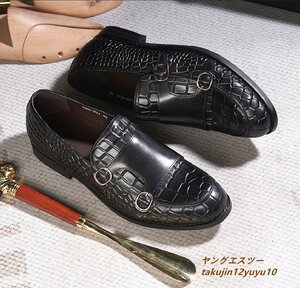 定価7万■ビジネスシューズ 新品 メンズ レザーシューズ 本革Monk Strap Shoes モンクストラップ 手塗仕上げ 牛革 紳士 革靴 黒 25.0cm