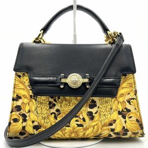 1円/美品● ジャンニ ヴェルサーチ GIANNI VERSACE 2way ハンドバッグ ショルダーバッグ サンバースト 金具 総柄 レオパード PVC レザー