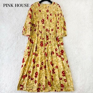 PINK HOUSE ピンクハウス ワンピース 花柄 フローラル ロング ピコフリル レース 黄 イエロー 赤 レッド プリーツ ギャザー タック 綿 F