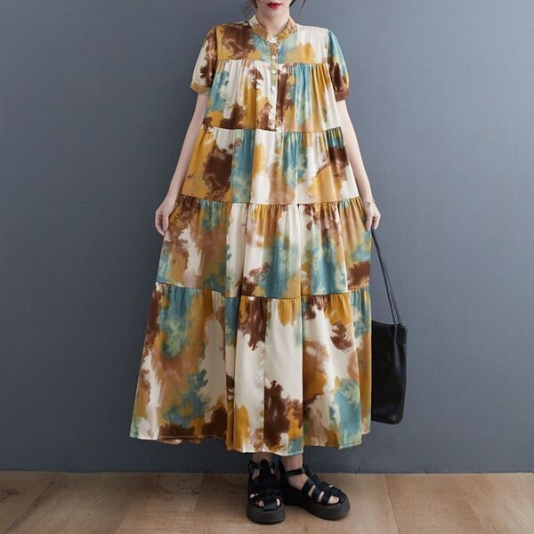 《新品/新作♪》水彩画アート風 ゆったり総柄大きめ 半袖シャツワンピース 韓国