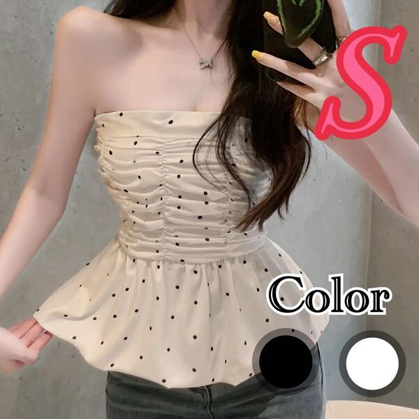 レディース トップス 可愛い 韓国 mod セクシー チューブトップ ベアトップ 夏 白 黒 s 水玉 ドット ペプラム シンプル