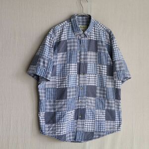 90s Eddie Bauer パッチワーク シャツ / M コットン ブルー ネイビー チェック 半袖 USA ビンテージ T4-05137-9328