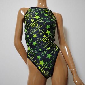 15*TYR woman .. swimsuit (XL size degree )* high leg * open back lustre black black yellow green green star pattern * large size man .