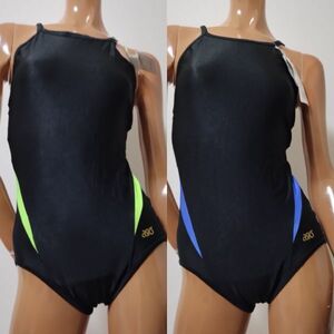 6[2 pieces set ] new old goods unused Asics woman .. swimsuit (O size )* lustre black black blue blue fluorescence yellow green green * polyester 100%* man .