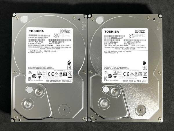 【送料無料】 2個セット ★ 4TB ★　DT02ABA400V　/　TOSHIBA【使用時間：9ｈ＆10ｈ】2023年製 新品同様 3.5インチ内蔵HDD AVコマンド対応