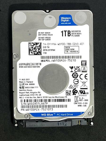 【送料無料】 ★ 1TB ★　WD Blue　/　WD10SPZX　【使用時間：8974 ｈ】　Western Digital Blue　良品　2.5インチ内蔵HDD/7mm SATA 