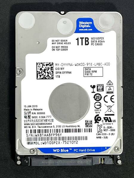 【送料無料】 ★ 1TB ★　WD Blue　/　WD10SPZX　【使用時間：4831 ｈ】　Western Digital Blue　良品　2.5インチ内蔵HDD/7mm SATA 