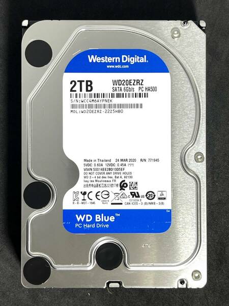 【送料無料】　★ 2TB ★　WD Blue　/　WD20EZRZ　【使用時間：20 ｈ】2020年製　新品同様　3.5インチ内蔵HDD　Western Digital Blue SATA