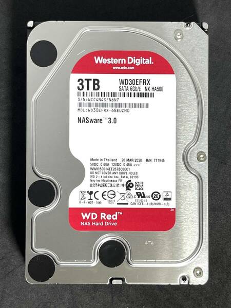 【送料無料】　★ 3TB ★　WD Red　/　WD30EFRX　【使用時間：７ｈ】　2020年製　新品同様　Western Digital RED　3.5インチ内蔵HDD SATA