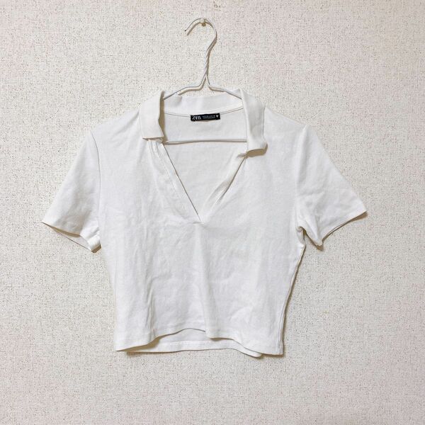 【早い者勝ち】 ZARA ザラ リブポロシャツ リブ 半袖 ホワイト トップス ホワイト カットソー 半袖Tシャツ Tシャツ 半袖