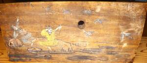 彩色　板絵　『鷹狩』　狩りの図　木製　武者絵　武将　古材　古文書　室町時代