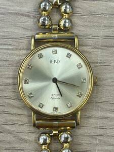 ◎FOND フォンド レディース腕時計 クォーツ K18刻印有り D.12PCS 0.1 F2001B 石付き 文字盤ゴールド色 総重量約35.0g ※不動、ジャンク品