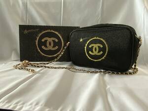 ◆ ブラックポーチ CHANEL ノベルティ ゴールドチェーン ショルダー ロゴ入り［未使用品] ◆