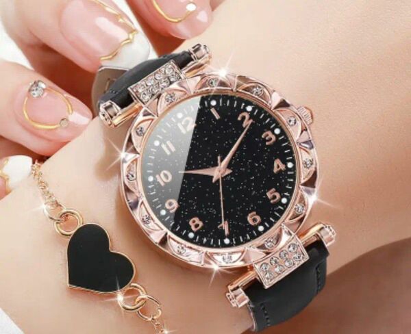 女性の輝く　ラインストーン　クォーツウォッチ　PUレザー　リストウォッチ＆ハートブレスレット　ブラック　腕時計