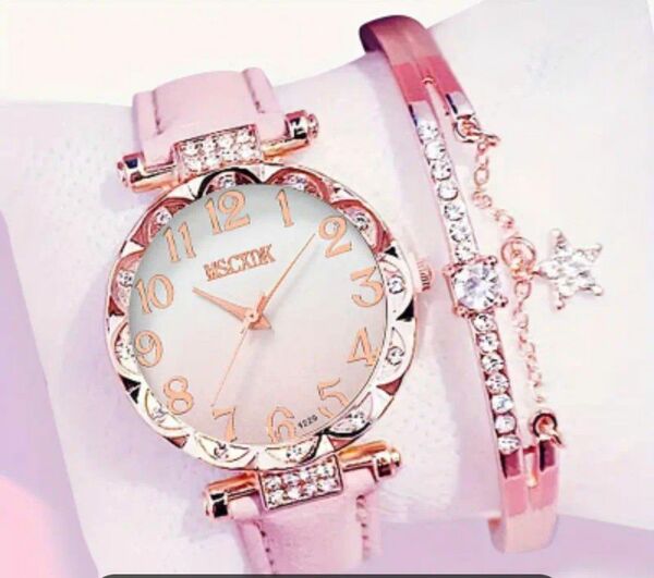 ラインストーン付き　ピンク　グラデーション　クォーツ腕時計　星のバングル2個セット　 腕時計
