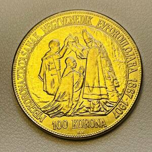 オーストラリア＝ハンガリー帝国 硬貨 古銭 フランツ・ヨーゼフ1世 1907年 戴冠40周年 クラウン 100コロナ 国章 コイン 重19.42g 金貨 