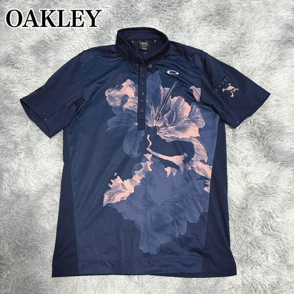 状態良 OAKLEY オークリー スカル 花柄 ポロシャツ 半袖 UVカット ゴルフウェア メンズ ネイビー
